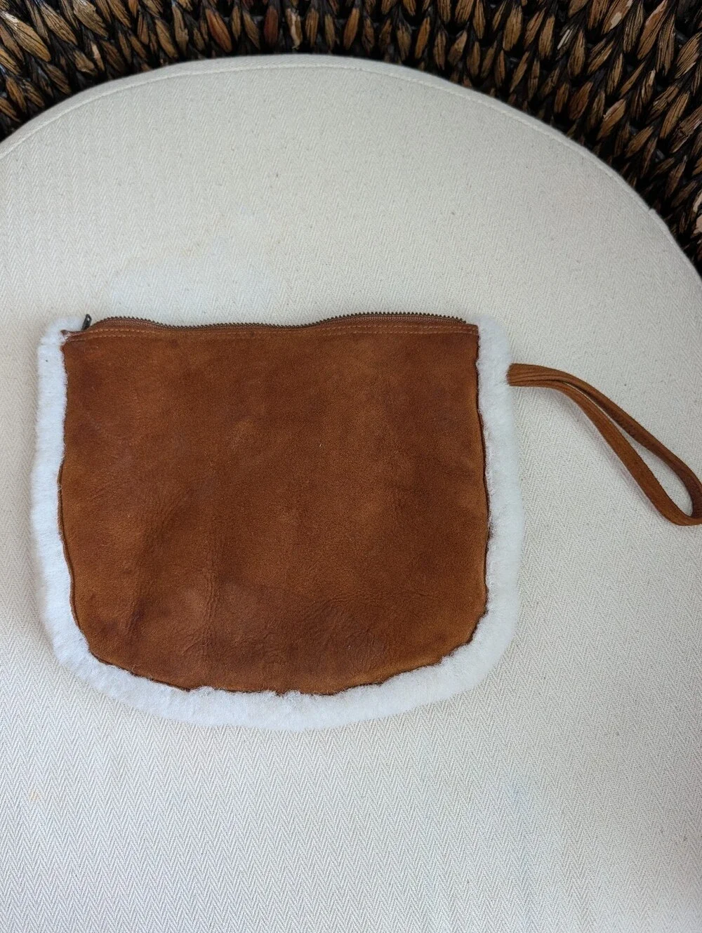 UGG Chestnut Brown Suede Wristlet with White Shearling Trim